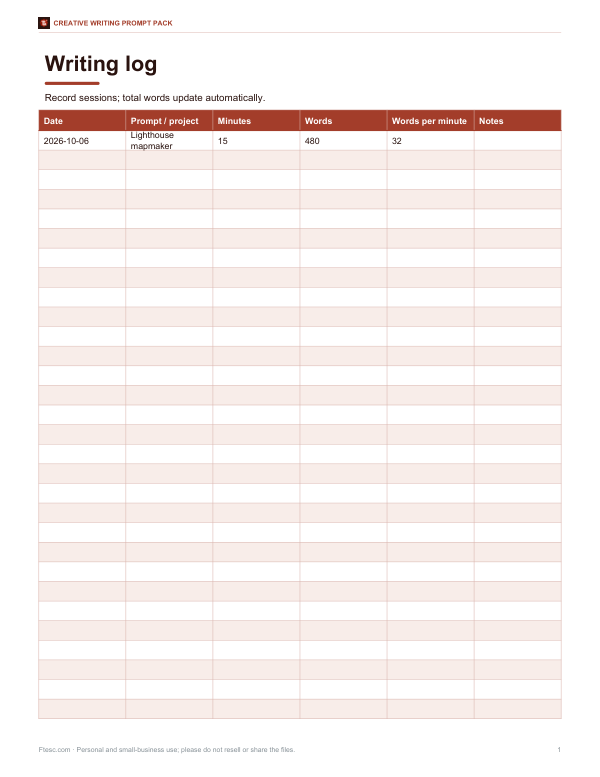 Preview of Printable Writing Log Sheet